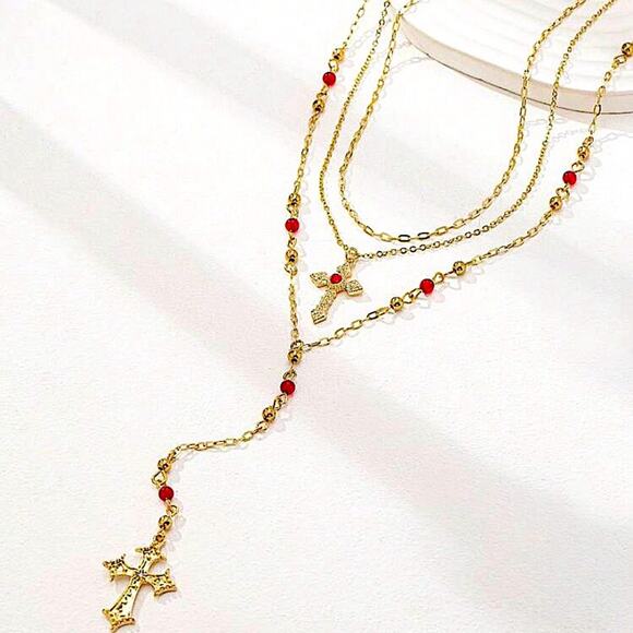 Multilayer Cross Gold Plated Necklace Red Beaded Chai n Link Punk - Picture 2 of 3